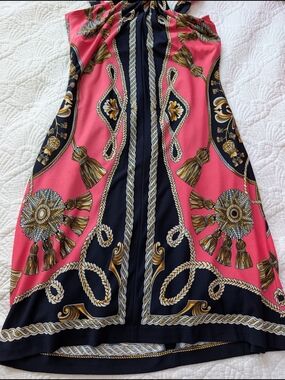 Coral & Black Baroque Print Halter Dress